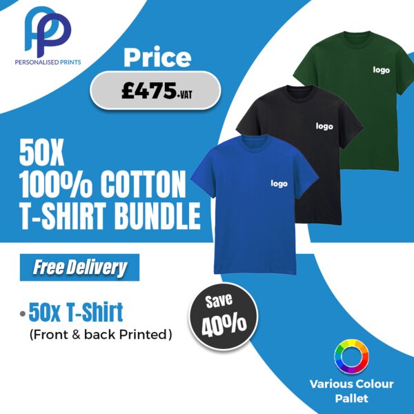 100% Cotton Tshirt Bundle - Pack of 50 with Front & back Printed Thumbnail