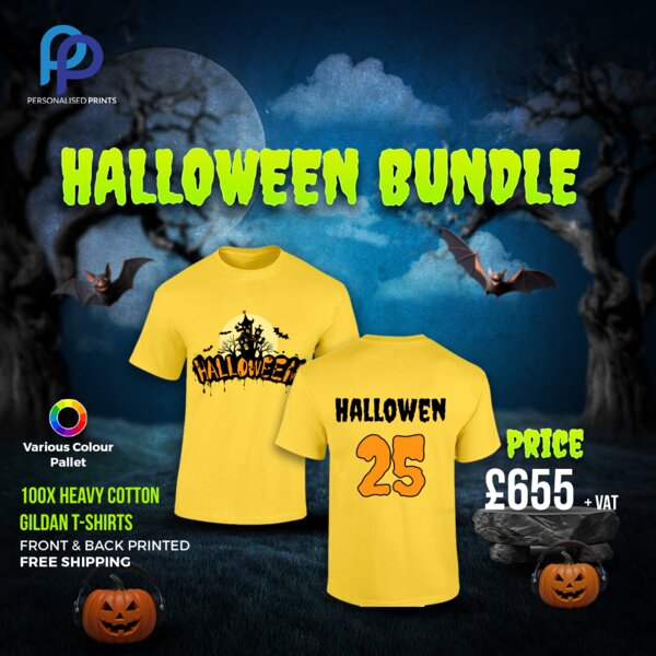 Halloween Bundle of 100X Heavy Cotton Gildan T-Shirts Front & Back Printed Thumbnail