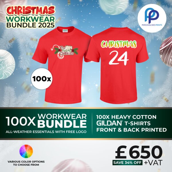100X Christmas Heavy Cotton GILDAN T-Shirts Workwear Bundle + Free Front & Back Printed Thumbnail